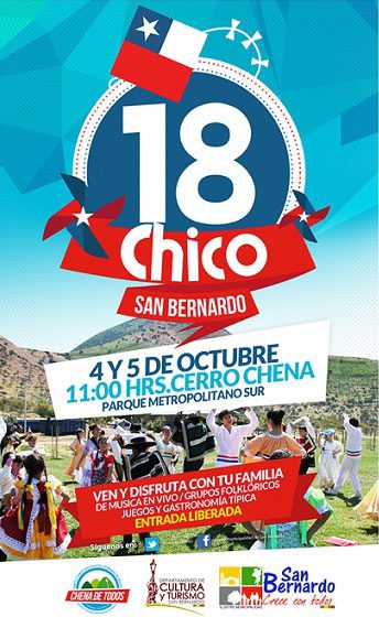 La tradición centenaria del 18 Chico, que tiene su origen en San Bernardo y que ya es parte del folklore nacional, revivirá nuevamente este sábado 4 de octubre, a partir de las 11 de la mañana y con entrada liberada, en una gran fiesta familiar en los faldeos del cerro Chena, donde se espera superar las 4 mil personas que llegaron el año pasado. La fiesta popular tendrá un especial significado, dado que se realizará simultáneamente el lanzamiento de la campaña para convertir al Chena en el segundo pulmón verde para Santiago a través de concurso implementado por la Intendencia de Santiago. “El 18 Chico es una razón más para que el Chena sea el ganador de concurso de los ‘cerros islas’, es un cerro que está en el alma no sólo de San Bernardo, sino que de miles de santiaguinos que disfrutan de sus bondades”, señaló la alcaldesa Nora Cuevas. La celebración contará con un escenario con la participación de diversos grupos folklóricos, así como gastronomía, gran variedad de juegos típicos y un gran parque para que las familias puedan disfrutar de un día al aire libre. El 18 Chico se inició en los años treinta junto a los trabajadores de la Maestranza de San Bernardo, quienes producto de un conflicto sindical no recibieron su sueldo ni aguinaldo durante las fiestas patrias; remuneración que sólo fue entregada los primeros día del mes siguiente. De esta manera, celebraron el también llamado ‘18 de los Picados’ el primer fin de semana de octubre, partiendo con familias, parillas, dulces chilenos, volantines, carne y huevos duros a los faldeos del Chena, iniciando así una tradición que ya es parte del folklore nacional. Según cuenta la historia popular, a los maestrancinos se sumaron los familiares de los militares de la Escuela de Infantería, quienes por cumplir funciones en la Parada Militar, no podían disfrutar de las celebraciones del tradicional paseo del 19 de septiembre, trasladando este festejo al primer fin de semana de octubre. Con el pasar de los años el 18 Chico del Cerro Chena incluyó fondas, comerciantes, vendedores de chicha, empanadas y la venta de alcohol, generando una gran actividad que fue opacada por los excesos, a lo que se sumó la construcción de la carretera, que conllevo a la inseguridad en el cruce y acceso al lugar. Después de varias décadas de olvido en 2010 la actual alcaldesa Nora Cuevas reinstauró la celebración, pero como una actividad familiar al aire libre, priorizando el folklore, juegos típicos y gastronomía como ejes de esta tradición.