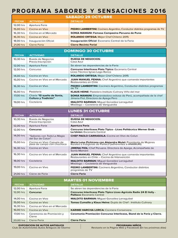 Feria Gastronómica Sabores y Sensaciones del Ranco Fecha: 29 de octubre al martes 1 de noviembre. Lugar: Bahía Coique, Futrono. (Mapa)