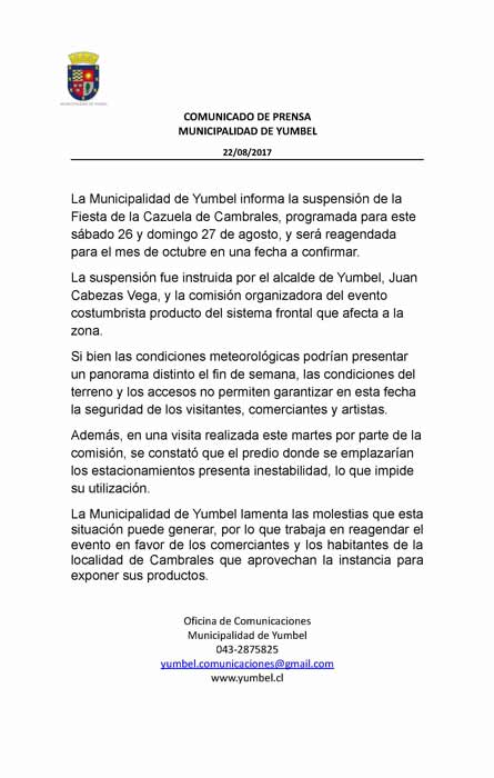 5ª Fiesta de la Cazuela de Campo de Cambrales, Yumbel 2 comunicado suspension fiesta de la cazuela