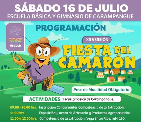 La Fiesta Costumbrista del Camarón se realizará en la localidad de Carampangue, Arauco (ver mapa), el día sábado 16 de julio desde las 09.00 hrs. en la Escuela Básica y gimnasio de Carampangue.