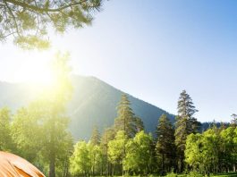 Camping junto al río y montañas